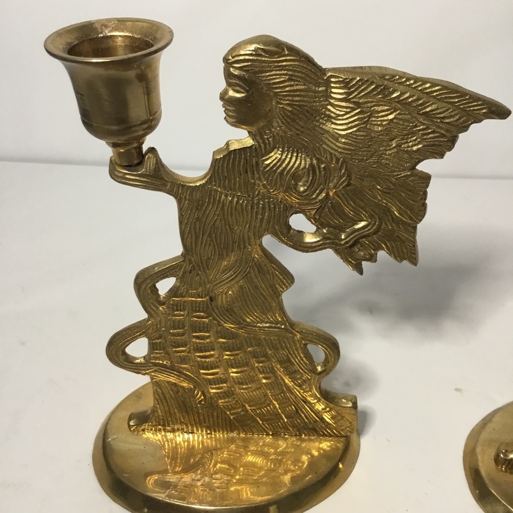 Pair Of Vintage Long-Haired Maiden Brass Taper Candleholders Made In India - Picture 7 of 9